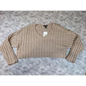 Brand New Forever 21 Womens L Ribbed Crop Sweater Taupe V Neck Long Sleeve NWT